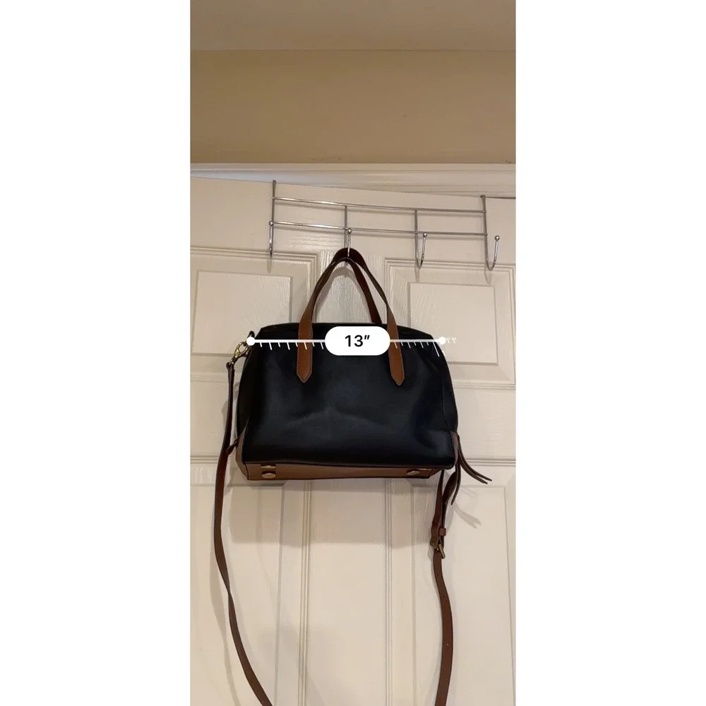 Fossil Sydney Satchel Black Brown Leather Trim Crossbody Bag